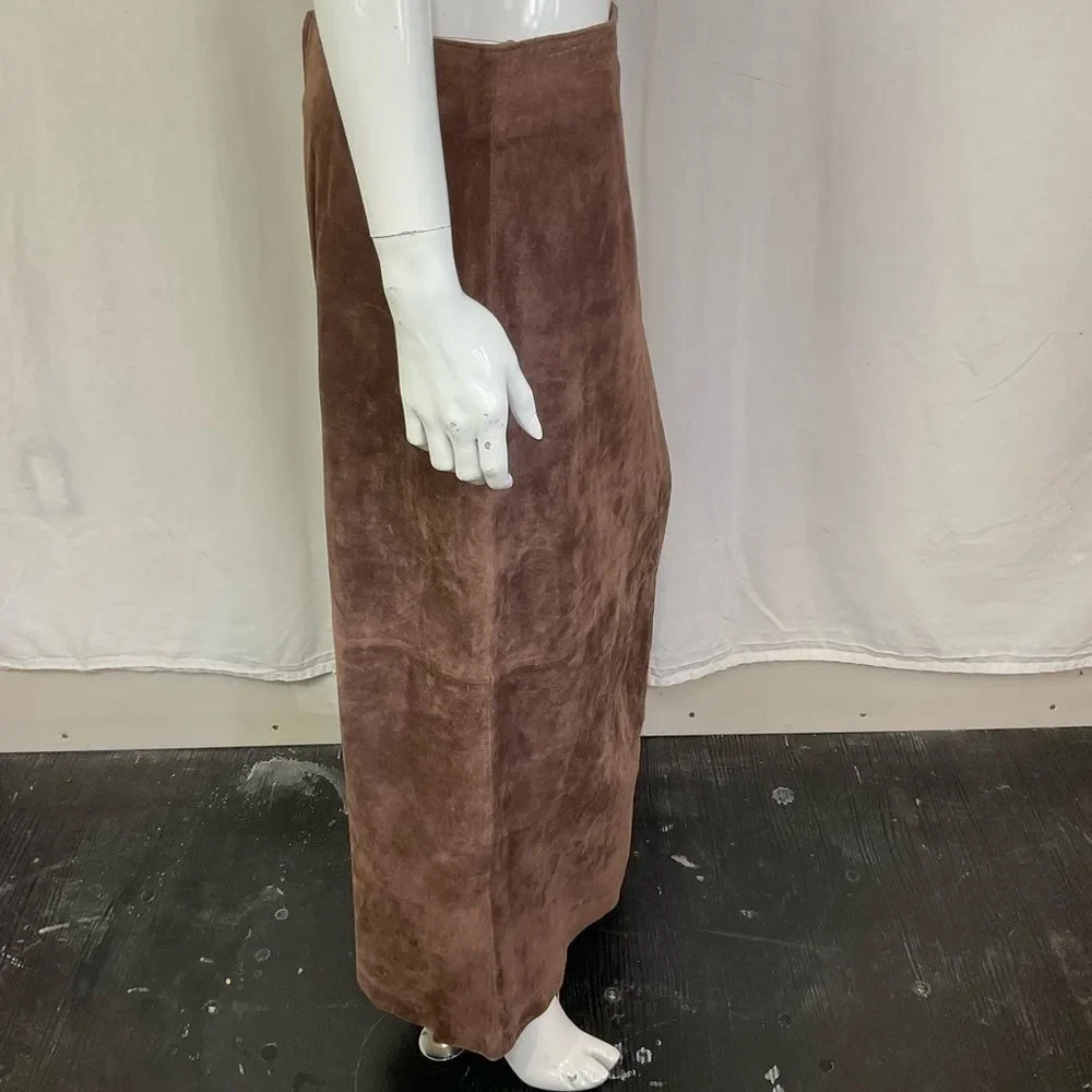 Margaret Godfrey Vintage Y2K Brown 100% Leather Suede Long Maxi Skirt Size 12